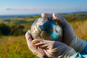 A close-up image showcasing a pair of hands, adorned in veterinary gloves, carefully holding a small, beautifully crafted globe with animals etched onto its surface.