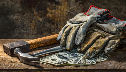 Wrench, old tools and dirty gloves with banknotes, laboulers century, empty space