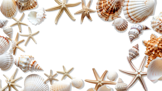 Background with seashells and starfishes making a frame for any text on transparent