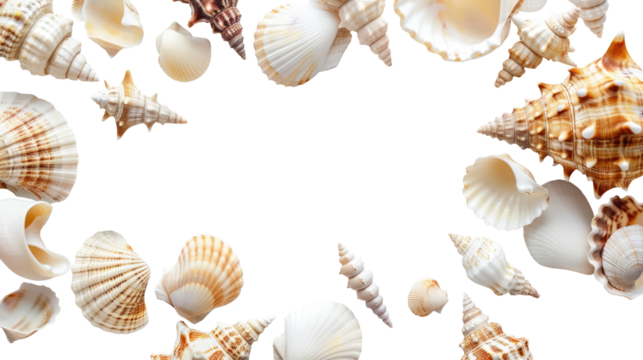 Background with seashells and starfishes making a frame for any text on transparent