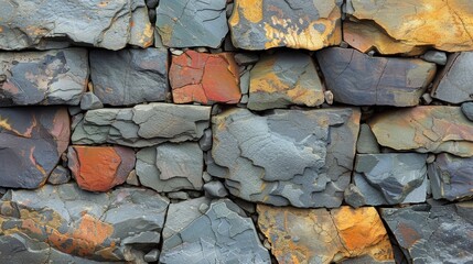 a close up of a wall made of rocks with orange and grey paint on it's sides and a red and yellow paint on the other side of the rocks.