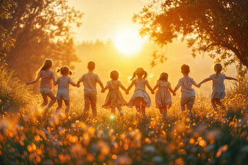 Children holding hands at sunset in meadow - obrazy, fototapety, plakaty