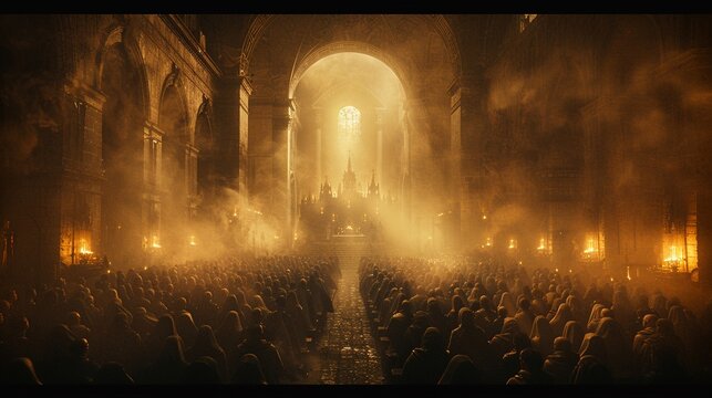 Sepia-toned photograph of solemn Good Friday vigil in ancient cathedral.