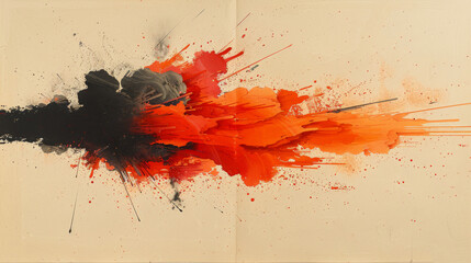  a piece of art with orange and black paint splattered on it and a black object in the middle of the image.