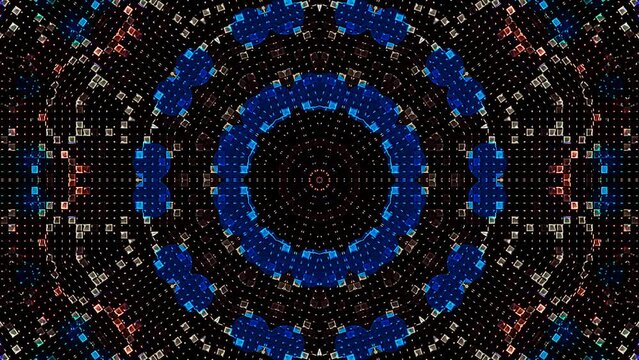 Abstract 3D animation. Curved lines on a black background ,kaleidoscope of color blue lights, seamless circles	