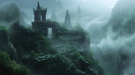 Papier Peint photo Vieil immeuble An ancient ruin on a misty mountain, with forgotten temples and overgrown paths. A mysterious fog envelops the scene, creating a sense of mystery and age. Resplendent.