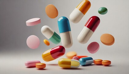 colorful tablets and pills with medical capsules isolated on light background