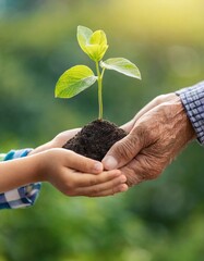 Hand of elderly man giving young plant to child's hand on green natural background. Ecology, environment protection for new generation
