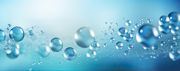 Water bubbles on wide white blue background.