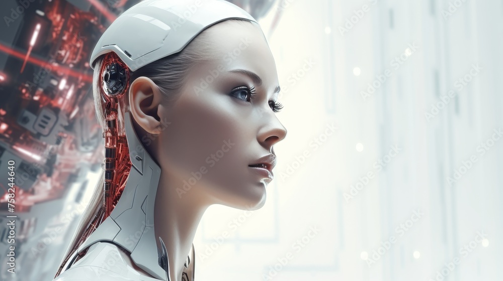 Poster futuristic white ai humanoid robot portrait with copy space for text placement concept.