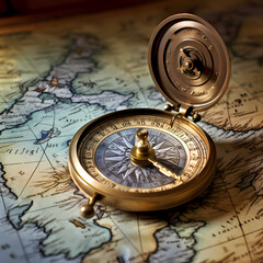Antique compass on a weathered map. - obrazy, fototapety, plakaty