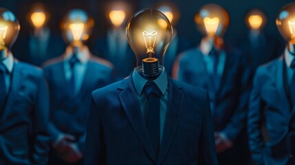 Businessman with a light bulb head in a crowd, concept of idea and innovation. Design for creative thinking workshop poster, inspiration and brainstorming sessions banner - obrazy, fototapety, plakaty