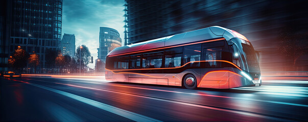 bus of futuristic design in motion and blured city