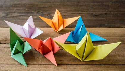 colorful paper origami on wooden table
