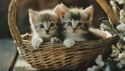 cute kittens in a wicker basket  - obrazy, fototapety, plakaty