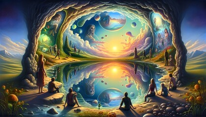 Fototapeta premium Surreal landscape with sunrise, reflection in water, and multiple universes merging