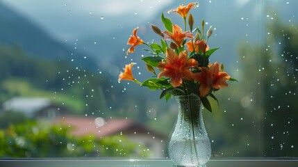 Lilies with sparkling water drops in a glass vase against a window, with a refreshing mountain view after the rain - obrazy, fototapety, plakaty