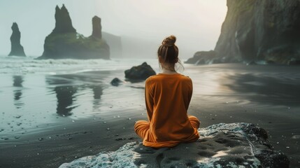 Person in orange meditating on a black sandy beach with misty sea stacks in the background, a moment of tranquility and mindfulness - obrazy, fototapety, plakaty