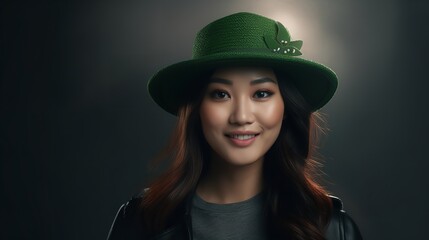 St. Patrick's Day: Young Asian Woman with Hat Drinking Beer

