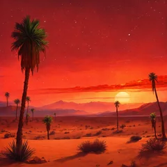 Fototapeten a wallpaper painting of a barren desert landscape with an oasis and firey red sky with shooting stars © Zeeshan