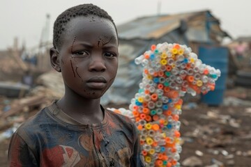 An African boy next to a dog made of plastic waste on the background of a city landfill - obrazy, fototapety, plakaty