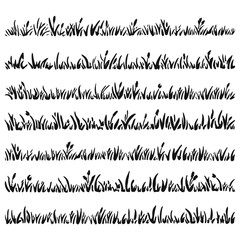 grass silhouette. Cartoon lines of plants and shrubs for boarding and framing, eco and organic logo element. Vector set spring field borders