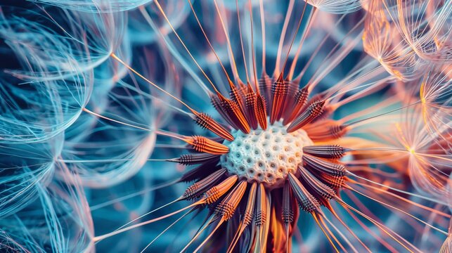 Close up macro image of a dandelion seed head with incredible natural patterns, 16:9