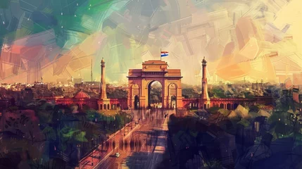 Foto op Aluminium Indian Flag republic day, Digital Art, high angle view India gate in background, 16:9 © Christian