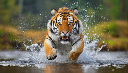 Siberian tiger, Panthera tigris altaica, low angle photo direct face view, running in the water directly at camera with water splashing around. Attacking predator in action. Tiger in taiga environment - obrazy, fototapety, plakaty
