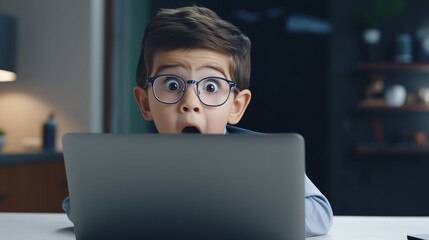Surprised Cute Kid Staring at Laptop Screen

 - obrazy, fototapety, plakaty