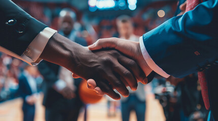 Two businessmen shaking hands on a basketball court, reflecting collaboration and agreements in...