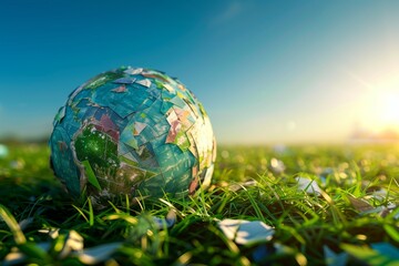 A serene image of a globe made entirely of recycled materials, resting on a bed of lush green grass under a clear blue sky, symbolizing the power of recycling in protecting our planet on Earth Day.