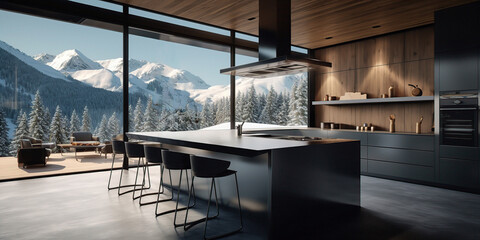Kitchen With Large Window Overlooking Mountain Range