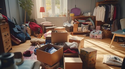 Teenager Sorting and Collecting Kid Toys and Clothes

 - obrazy, fototapety, plakaty
