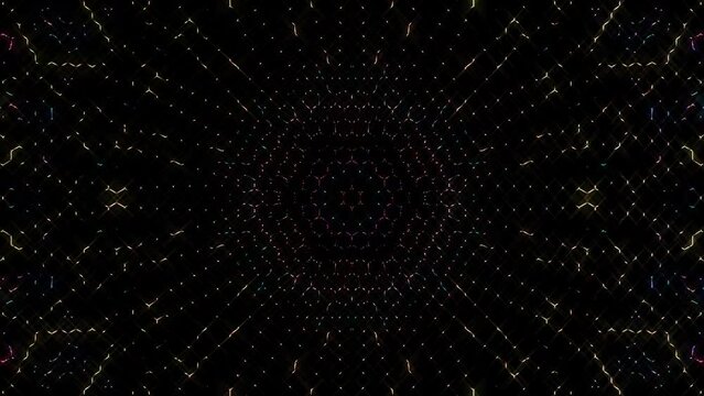 Abstract 3D animation. Curved lines on a black background ,kaleidoscope of color blue lights, seamless circles	