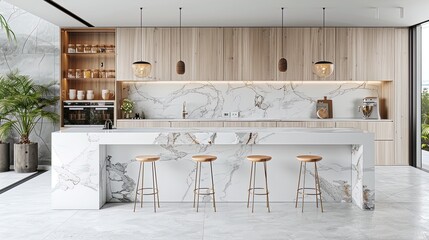 Marble elegance meets Scandinavian vibes in a kitchen that's both airy and sophisticated.