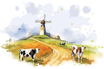 cows Abstract rural illustration landscape windmill fields Watercolor wheat meadows - obrazy, fototapety, plakaty