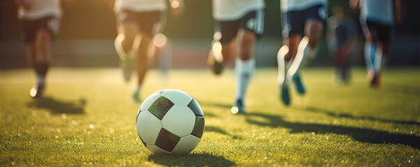 Fototapeta premium Detail on soccer ball and blured players