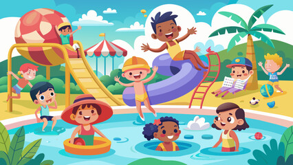 Obraz na płótnie Canvas pool-party-kids--children-play-and-swim-in-water- vector illustration 