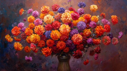  a painting of a vase filled with lots of colorful flowers on a purple and red background with a blue sky in the background.