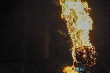 Flames of a coppara torch that lighting in Kandy Esala Perahera at Temple of the Tooth (Sri Dalada...