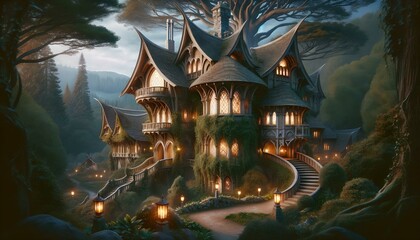 Obraz premium Enchanting fantasy treehouse with glowing windows at twilight in a mystical forest