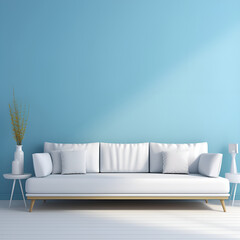 a white couch and a plant in front of a blue wall
Scandinavian interior of living room concept, light gray sofa with gold lamp on white flooring and blue wall,3d rendering
Blue-Toned Empty Living Room