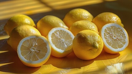 Pile of Lemons With Leaves on Yellow Background
