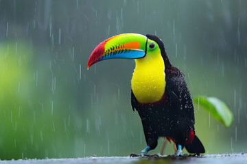 A colorful bird with a long beak is perched on a rock. The bird's bright colors and unique beak make it stand out against the natural surroundings. toucan, one of the most colorful birds in the world - obrazy, fototapety, plakaty