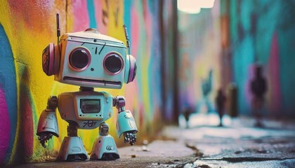cute robot near graffiti wall