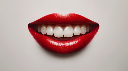 Beautiful wide smile of young women with big healthy white teeth and red lipstick