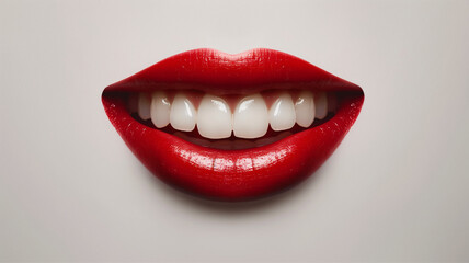 Obraz premium Beautiful wide smile of young women with big healthy white teeth and red lipstick