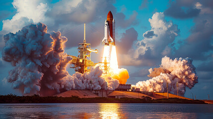 Galactic Blastoff: Captivating Images of Space Rocket Launch Ignition - obrazy, fototapety, plakaty