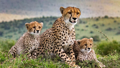 Fototapeta premium Female cheetah with her cubs. Tanzania. Serengeti National Park